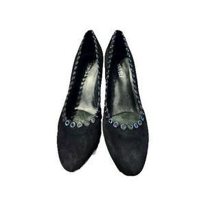 VAN ELI Deana Black Suede Wedge Scalloped Trim Silver Rivets Pump Women US 9M